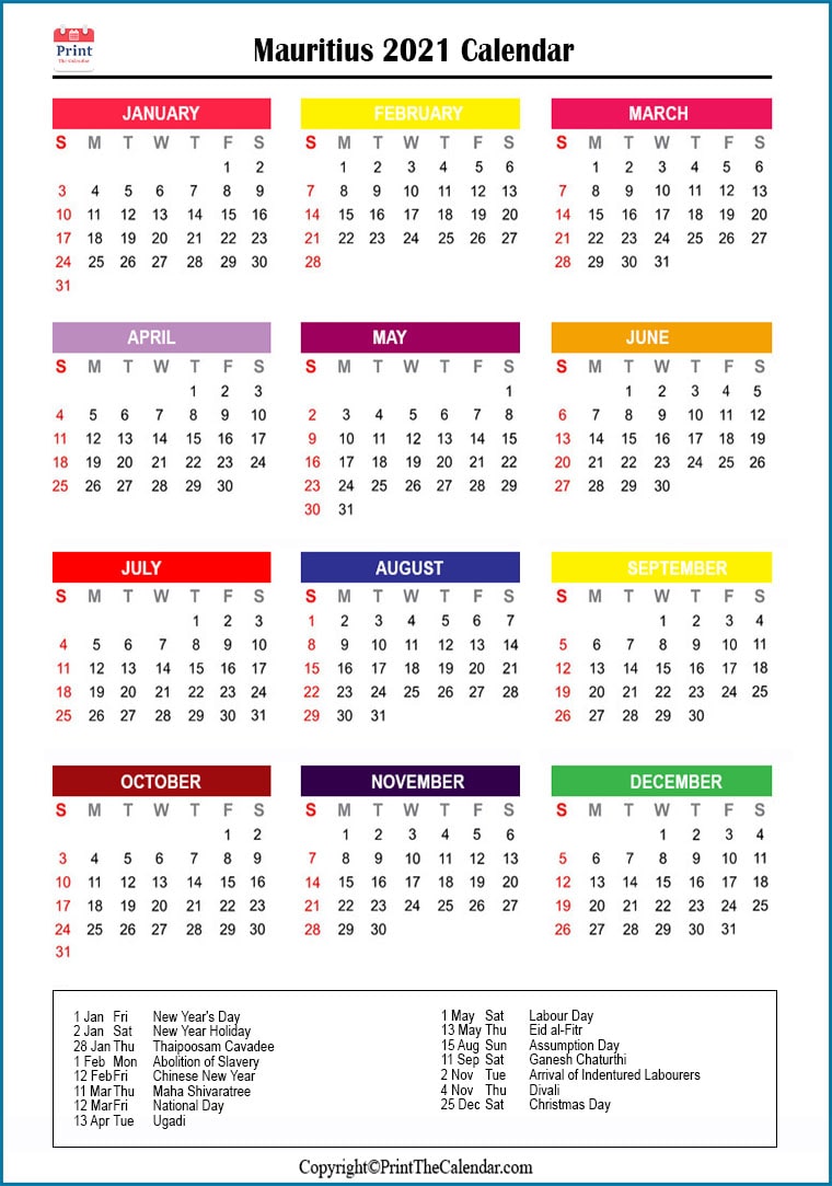 Mauritius Printable Calendar 2021